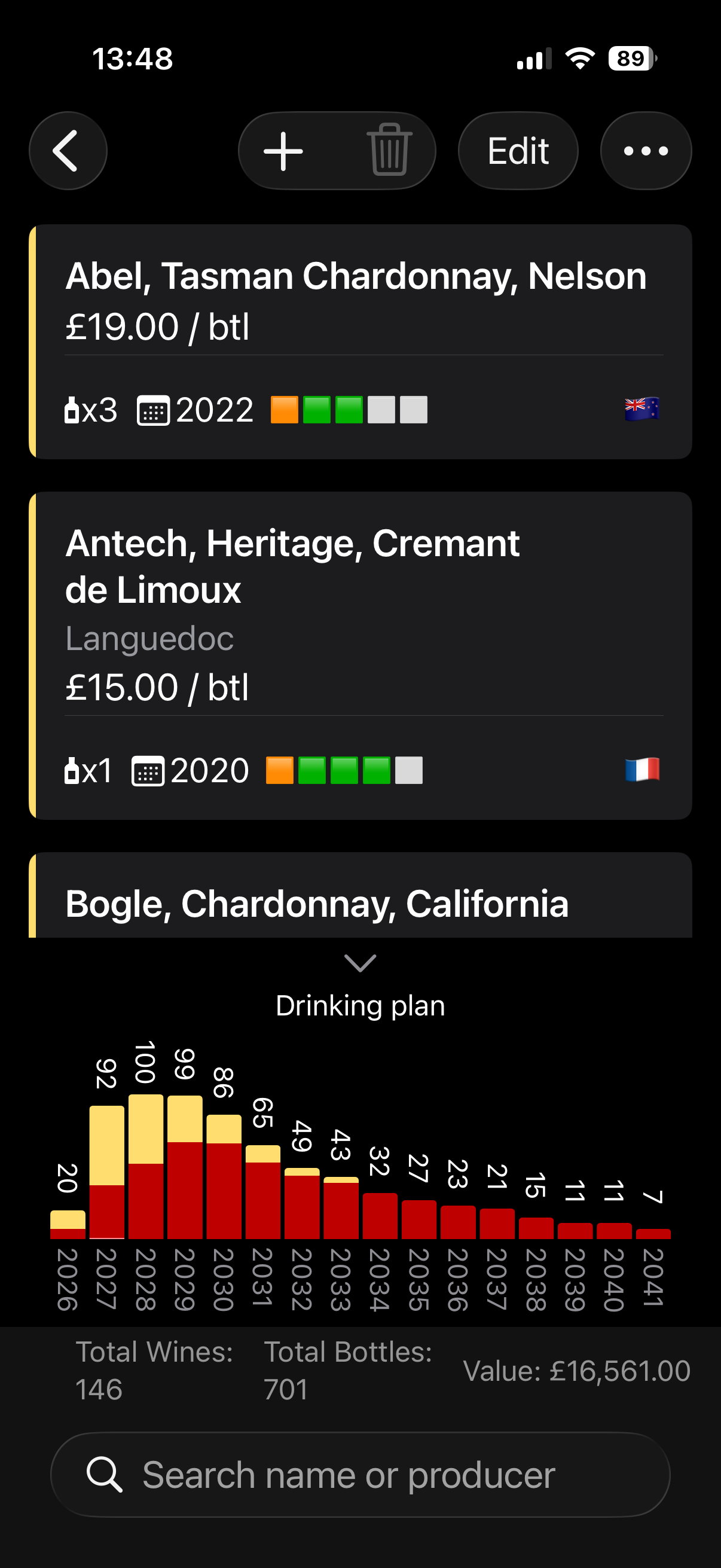 WinePlan drink in year cellar breakdown screen