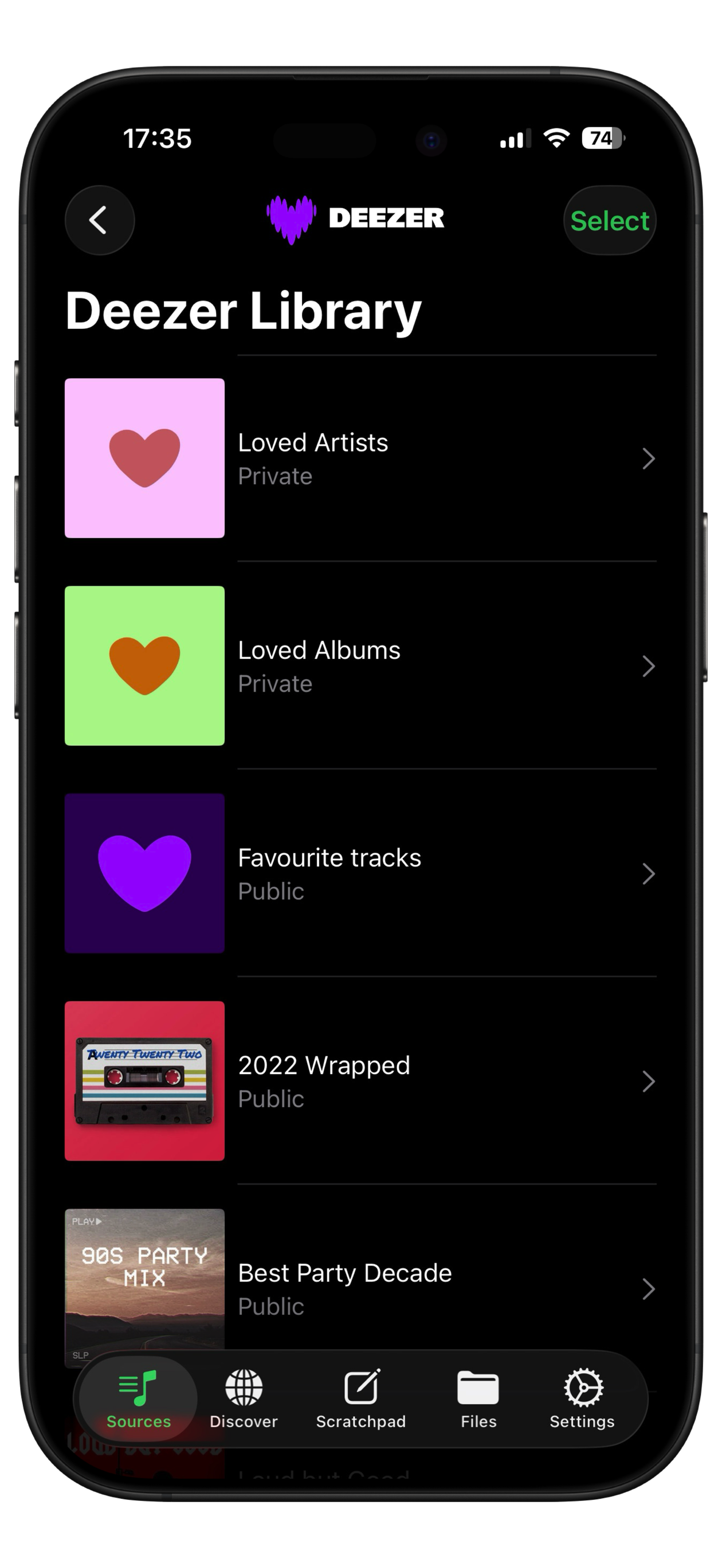 Playlisty source library selection screen