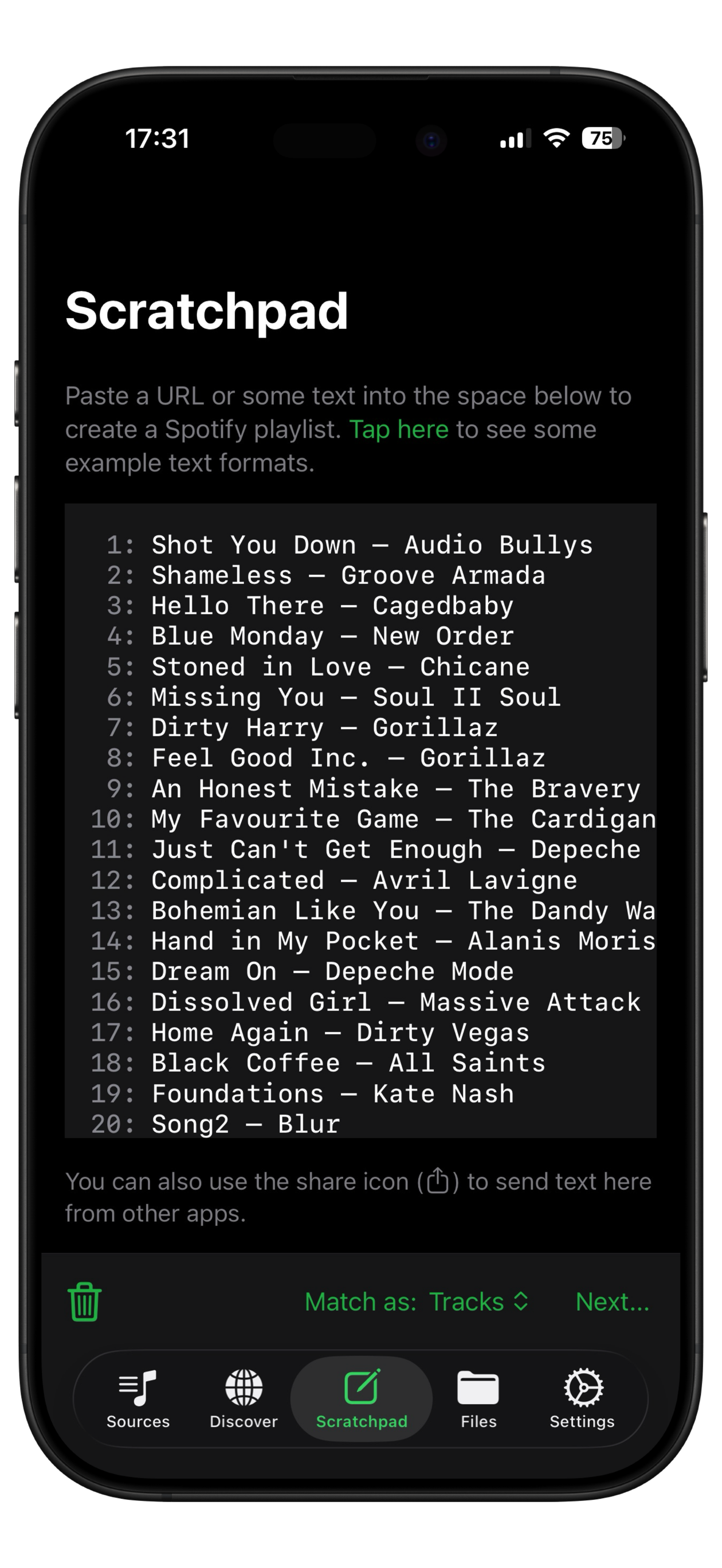 Playlisty Scratchpad import screen